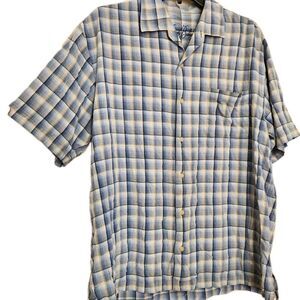 Tommy Bahama Shirt Mens 100% Silk Large Blue Plaid Short Sleeve